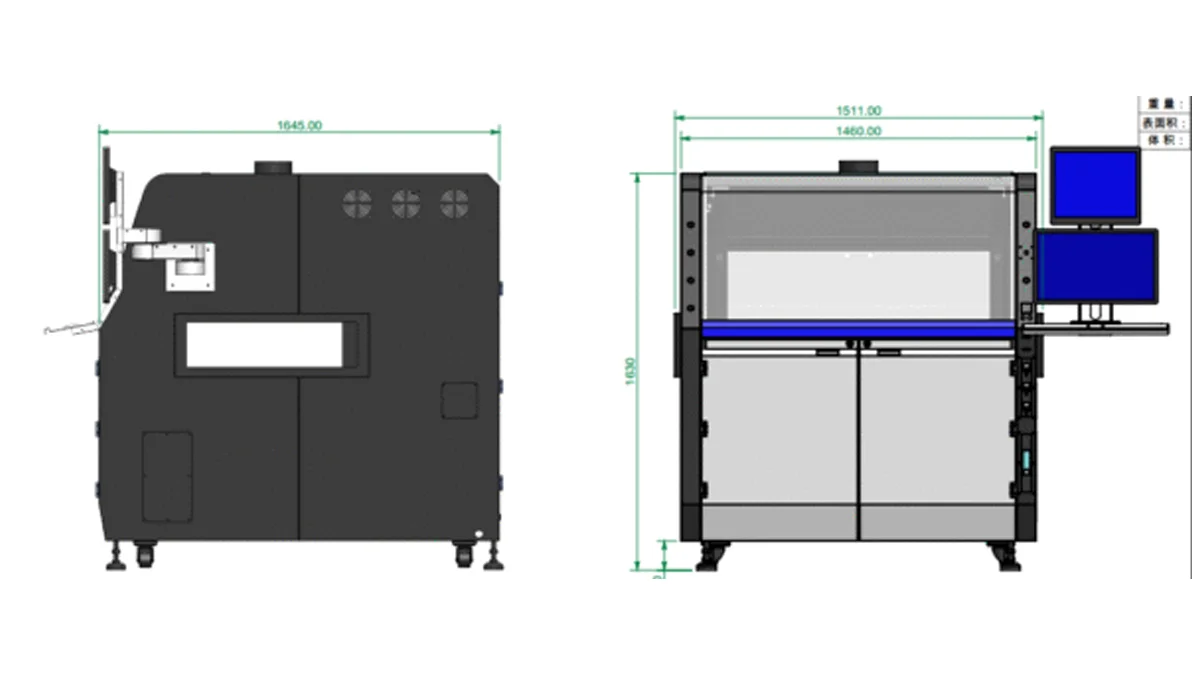 Inline PCB Selective Soldering Automatic Inline Selective Soldering Machine Diagram Showing front and Rear Sizes